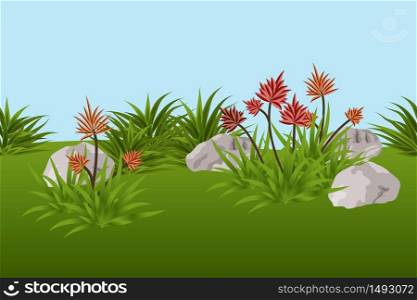 Summer landscape background with tropical flowers, leaves and stones. Vector illustration. Horizontally tileable