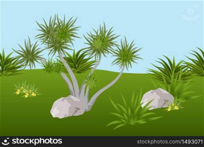 Summer landscape background with tropical tree, leaves and stones. Vector illustration. Horizontally tileable