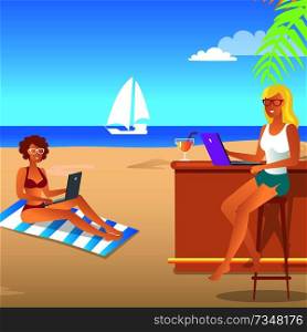 Summer landscape colorful vector illustration with two happy women that are working with laptops, white ship, brown table and chair, orange cocktail. Summer Landscape Colorful Vector Illustration