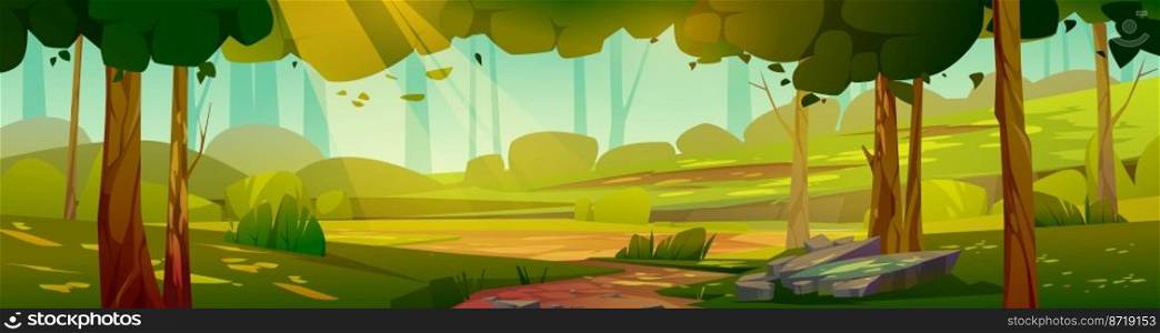 Summer landscape of forest glade in sunny day. Vector cartoon illustration of nature panorama of deep woods, nature park or garden with green trees, grass, bushes and path. Summer landscape of forest glade in sunny day
