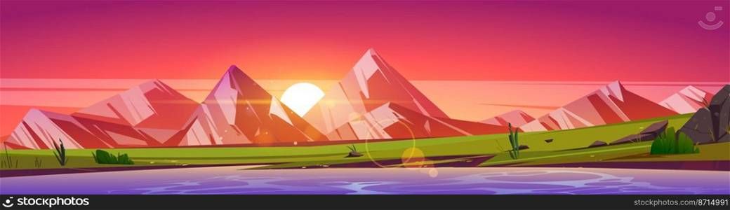 Summer landscape of mountain valley with lake or river at sunset. Vector cartoon illustration of panoramic nature scene with rocks, pond, green grass and sun in red sky on horizon. Mountain valley with lake or river at sunset