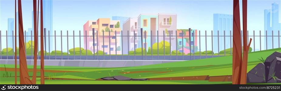 Summer landscape of park with green grass and trees and city houses behind metal fence. Cityscape with modern eco buildings with green plants on balconies, vector cartoon illustration. Summer landscape of park and houses behind fence