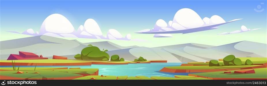 Summer landscape of valley with river, green grass, bushes, and mountains on horizon. Vector cartoon illustration of nature scene with water stream, meadow, and rocks. Summer landscape of valley with river, green grass