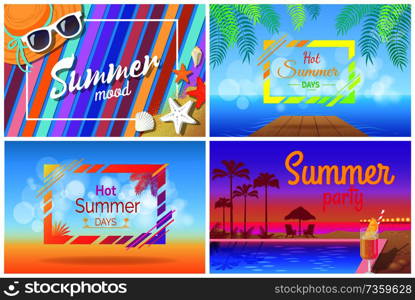 Summer landscape or beach composition posters. Pool near cocktail with palms, sunset and blanket on sand, holiday accessories vector illustrations.. Summer Landscape Beach Composition Set Posters