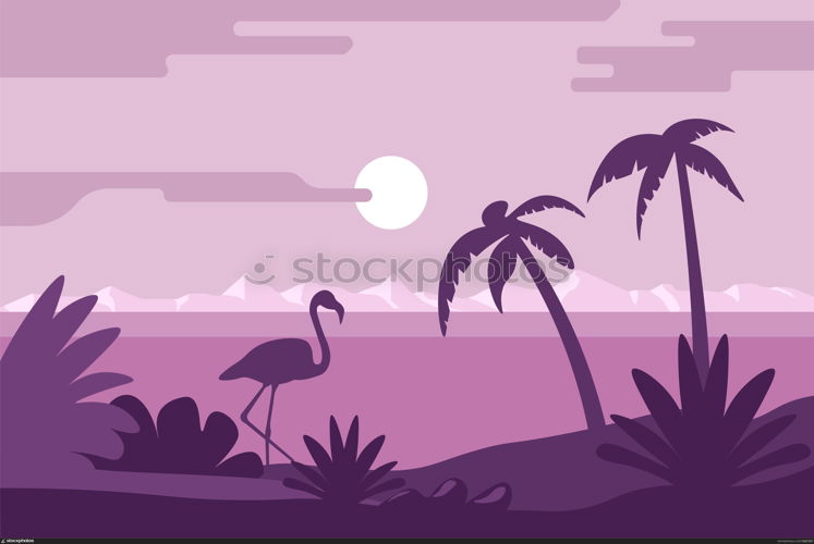 Summer landscape tropical island or bay, palm trees and flamingo bird at sunset vector. Wild beach dawn, sea and seaside, vacation and holiday. Exotic paradise resort, flora and fauna under moon. Night summer landscape, beach with flamingo and palm trees