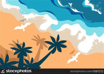 Summer landscape tropical island or bay, palm trees and flying birds top view vector. Wild beach dawn, sea and seaside, vacation and holiday. Exotic paradise resort, tidal bore on sand shore. Beach summer landscape, tropical island, palms and flying birds