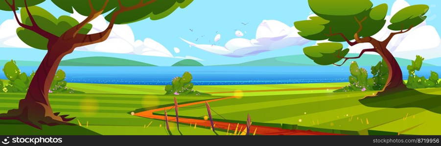 Summer landscape with blue lake and green field vector illustration. Cartoon trees on river bank, footpath leading to water, birds flying high in sunny sky and hills on horizon. Beautiful nature. Summer landscape, blue lake and green field vector