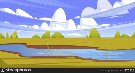 Summer landscape with brook, green grass and bushes. Vector cartoon illustration of nature scene with spring lawn on river shore, clouds and flying birds in blue sky. Rural meadow with water stream. Summer landscape with brook and lawn