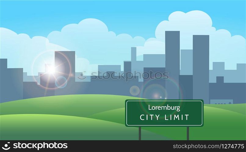Summer landscape with city on horizon. Panoramic banner with meadows and road sign City Limit. Vector illustration