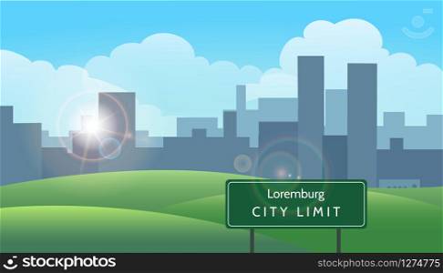 Summer landscape with city on horizon. Panoramic banner with meadows and road sign City Limit. Vector illustration