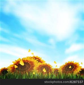 Summer Landscape With Field, Sky, Grass, Sunflowers And Butterflies