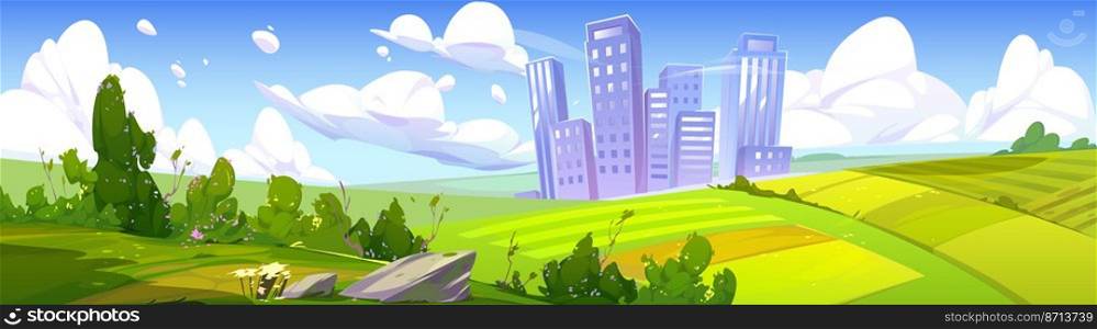 Summer landscape with fields and city buildings on skyline. Vector cartoon illustration of nature panorama with green bushes, farm lands, path and town on horizon. Summer landscape with fields and city buildings