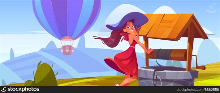 Summer landscape with fields, stone well, hot air balloon and beautiful girl in hat. Vector cartoon illustration of woman and old well with wooden roof and bucket in countryside. Fields, stone well, hot air balloon and woman