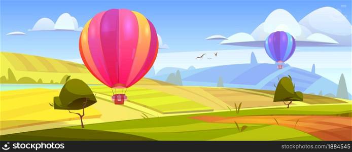 Summer landscape with flying hot air balloons, green fields, river and road. Vector cartoon illustration of countryside with colorful airships with baskets fly over meadows and grassland on hills. Hot air balloons fly over green fields