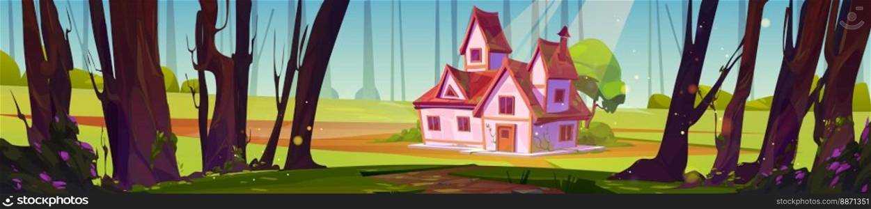 Summer landscape with forest and village house. Nature scene with countryside cottage, garden with trees and bushes with green foliage under sun beams, vector cartoon illustration. Summer landscape with forest and village house