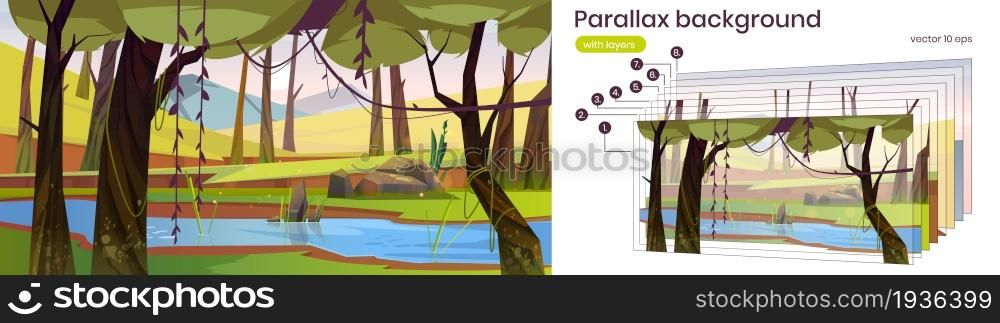 Summer landscape with forest, river and mountains on background. Vector parallax background for 2d animation with cartoon illustration of woods with trees, lianas, green grass, stones and brook. Parallax background with brook in forest