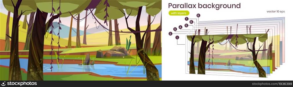 Summer landscape with forest, river and mountains on background. Vector parallax background for 2d animation with cartoon illustration of woods with trees, lianas, green grass, stones and brook. Parallax background with brook in forest
