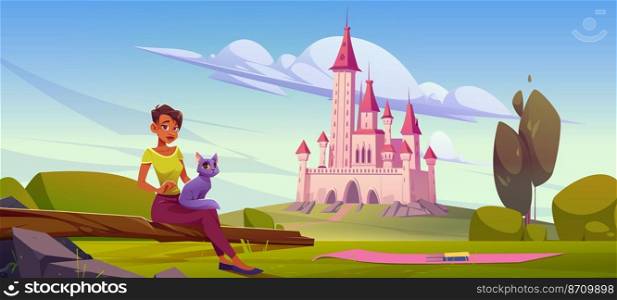 Summer landscape with girl on picnic and medieval castle on background. Vector cartoon illustration of woman with cat sitting on log, books on mat and old royal palace. Summer landscape with girl on picnic and castle
