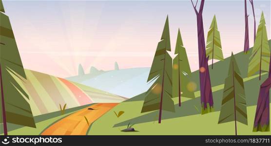 Summer landscape with green fields, hills and coniferous forest at morning. Vector cartoon illustration of dawn in countryside with farm lands, pine trees, road and sunbeams in sky. Sunrise landscape with fields, hills and forest