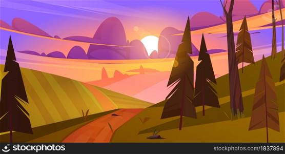Summer landscape with green fields, hills and coniferous forest at sunset. Vector cartoon illustration of countryside with farm lands, pine trees and road at evening. Sunset landscape with fields, hills and forest