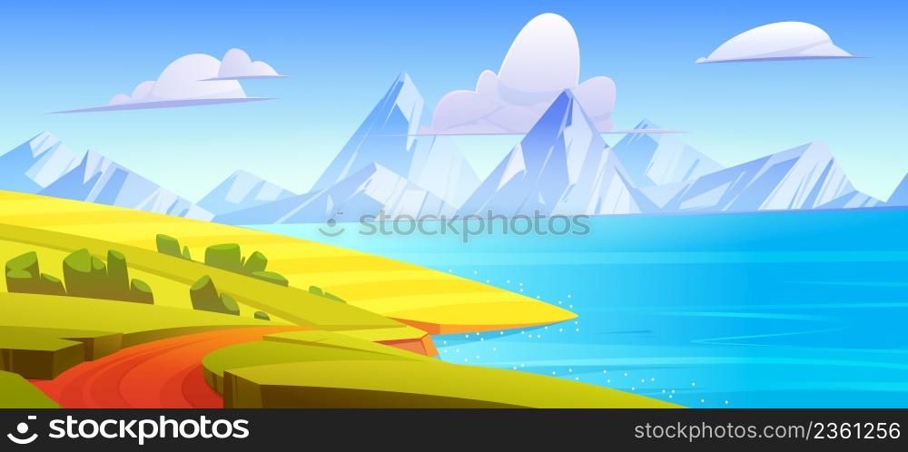 Summer landscape with green fields, lake and mountains on horizon. Vector cartoon illustration of countryside, hills with farmland, road on sea shore and white rocks. Summer landscape with green fields, lake and rocks