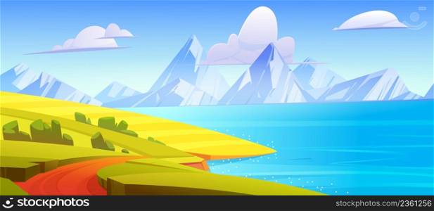 Summer landscape with green fields, lake and mountains on horizon. Vector cartoon illustration of countryside, hills with farmland, road on sea shore and white rocks. Summer landscape with green fields, lake and rocks