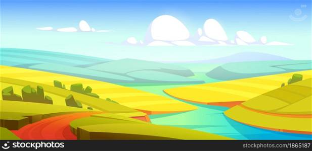 Summer landscape with green fields, river and road. Vector cartoon illustration of countryside with meadows and grassland on hills, water stream and rural road on riverside. Summer landscape with green fields, river and road