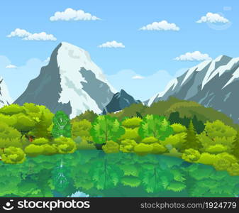 Summer landscape with green forest, river and mountains on a blue cloudy sky. Summer landscape with green forest