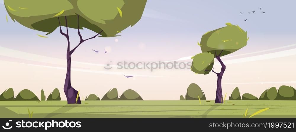 Summer landscape with green grass, bushes and trees at morning. Vector cartoon illustration of nature scene with spring lawn, clouds and flying birds in blue sky at sunrise. Rural meadow at dawn. Summer landscape with grass and trees at morning