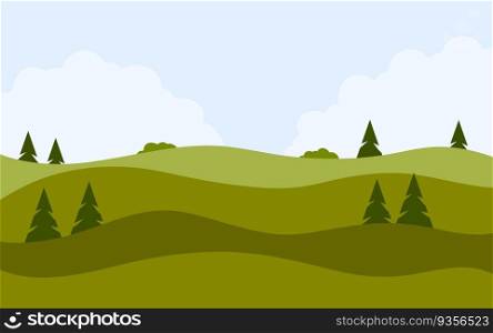 Summer landscape with green hills. Natural scenery. Field with trees and bushes. Cartoon flat illustration