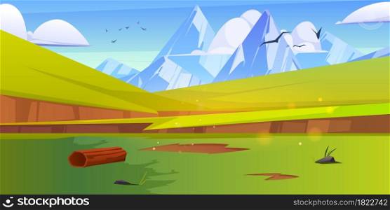 Summer landscape with green meadows and white mountains on horizon. Vector cartoon illustration of valley with grass, hills, snow rocks on skyline, birds and clouds in sky. Mountain landscape with green meadows