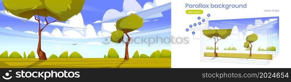 Summer landscape with green trees, bushes and grass. Vector parallax background for 2d animation with cartoon illustration of nature scene with spring lawn, clouds and flying birds. Parallax background with summer landscape