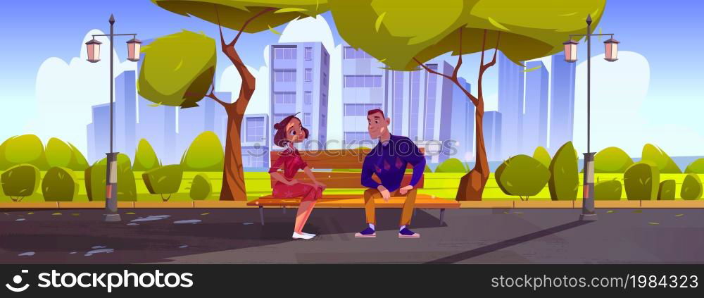 Summer landscape with happy couple on date in city park. Vector cartoon illustration of public park with man and woman sitting on wooden bench, green grass and trees. Summer landscape with happy couple on date