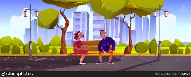 Summer landscape with happy couple on date in city park. Vector cartoon illustration of public park with man and woman sitting on wooden bench, green grass and trees. Summer landscape with happy couple on date