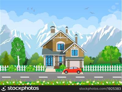 Summer landscape with house. Wooden houses in the mountains among the trees. blue sky with sun and clouds. vector illustration in flat tyle. Wooden houses in the mountains