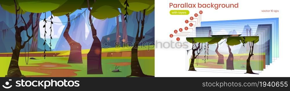 Summer landscape with jungle, mountains and sea on horizon. Vector parallax background for 2d animation with cartoon illustration of rain forest with green trees, grass, lianas and rocks. Parallax background with jungle and mountains