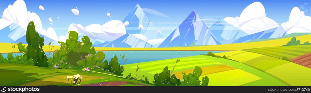 Summer landscape with lake, agriculture fields and mountains. Vector cartoon illustration of nature scene of countryside with green farmlands, river and rocks. Summer landscape with lake, fields and mountains