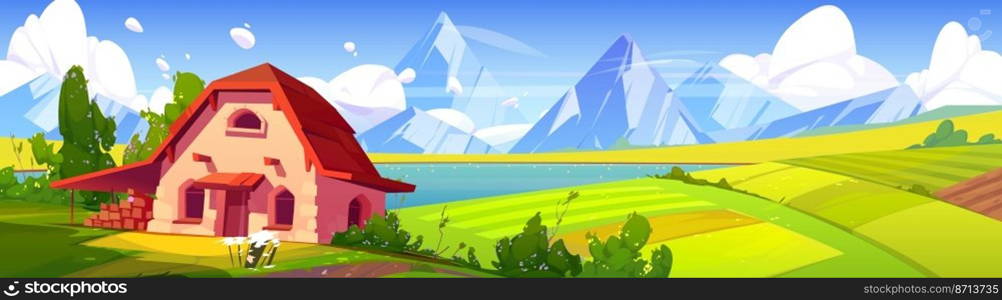 Summer landscape with lake, agriculture fields, rustic house and mountains. Vector cartoon illustration of nature scene of countryside with green farmlands, river and rocks. Summer landscape with lake, fields and mountains