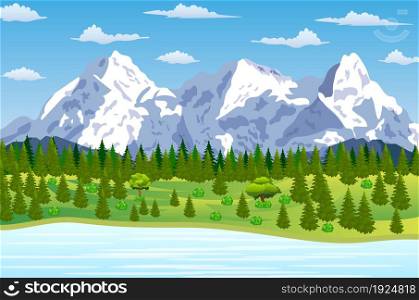 Summer landscape with meadows and mountains. River and the forest, nature landscape, vector background. vector illustration in flat design. Summer landscape with meadows and mountains
