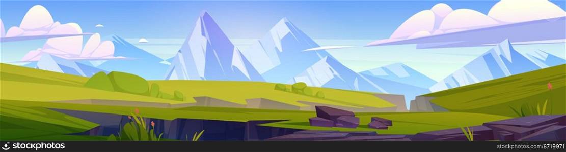 Summer landscape with meadows, chasms and mountains on horizon. Nature panorama with white rocks, green grass and cracks in land after earthquake, vector cartoon illustration. Summer landscape with green meadows and mountains