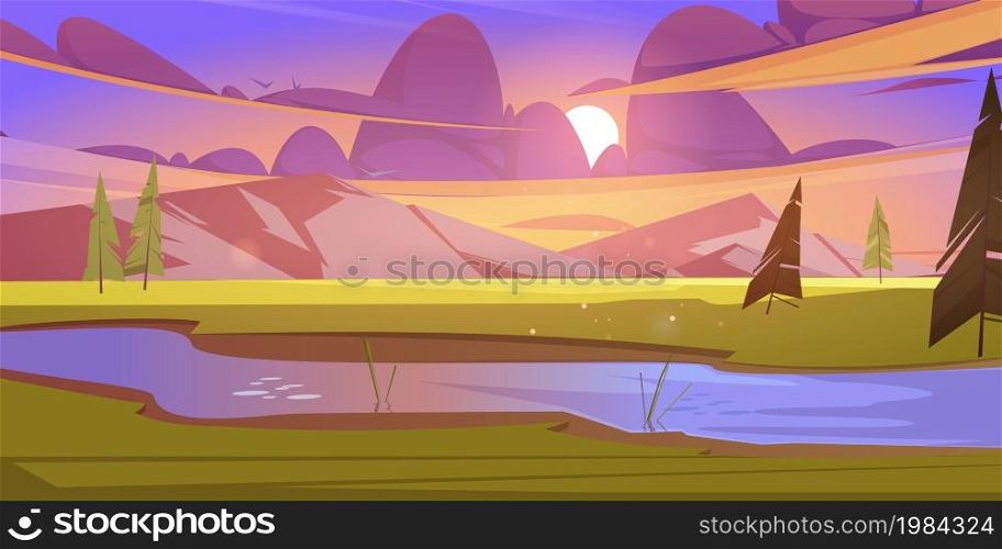 Summer landscape with pine trees and water stream in mountain valley at sunset. Vector cartoon illustration of nature scene with green meadow, brook and rocks on horizon in evening. Mountains, meadow and brook at sunset