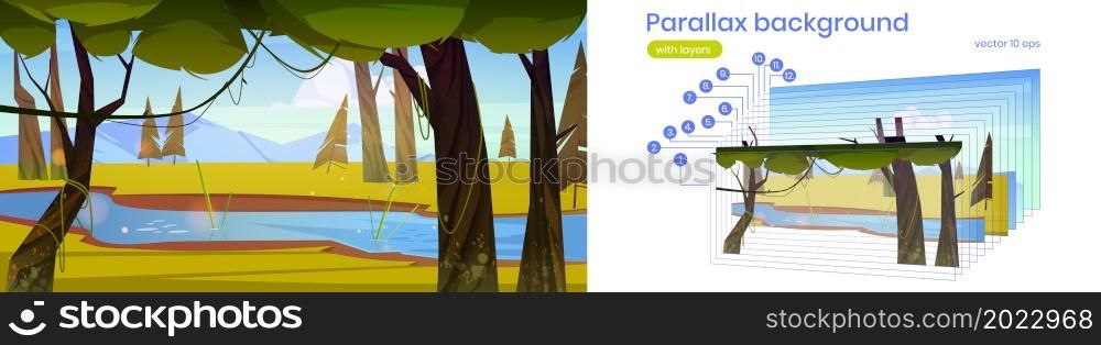 Summer landscape with river and green trees in forest, meadow and mountains on horizon. Vector parallax background for 2d animation with cartoon illustration of nature scene with brook in woods. Parallax background with brook in forest