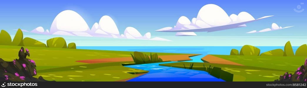 Summer landscape with river flowing into sea. Nature panorama with water stream, ocean coast, green grass, bushes with flowers and clouds in sky, vector cartoon illustration. Summer landscape with river flowing into sea