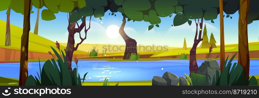 Summer landscape with river in forest and green fields. Vector cartoon illustration of countryside panorama with lake with blue water, trees, grass, flowers and stones on shore. Summer landscape with river in forest and fields