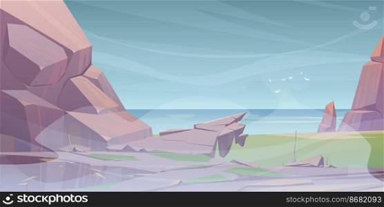 Summer landscape with sea and mountains in fog. Vector cartoon illustration of seascape with rocks, flying birds, stone ledge over sand beach and ocean with white mist. Summer landscape with sea and mountains in fog