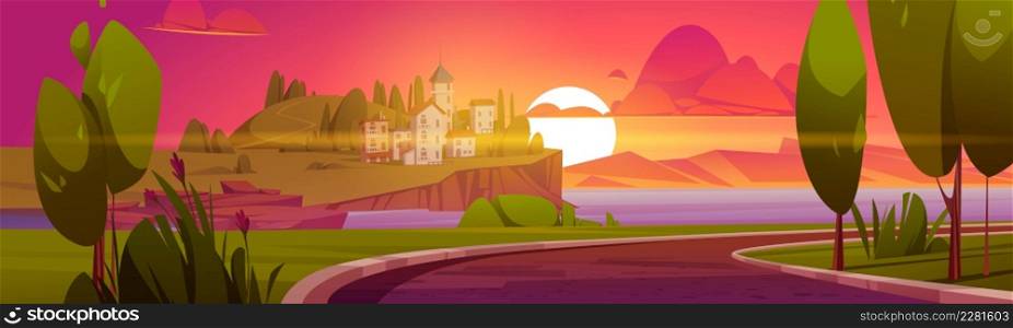 Summer landscape with sea, mediterranean city on hill, mountains and sun on horizon at sunset. Vector cartoon illustration of town buildings on lake coast at evening. Landscape with sea, mediterranean city at sunset
