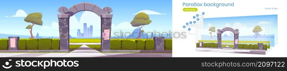 Summer landscape with stone arch entrance to public park, green hedge and city on skyline. Vector parallax background for 2d animation with cartoon illustration of fence with shrubs and archway portal. Parallax background with landscape with stone arch