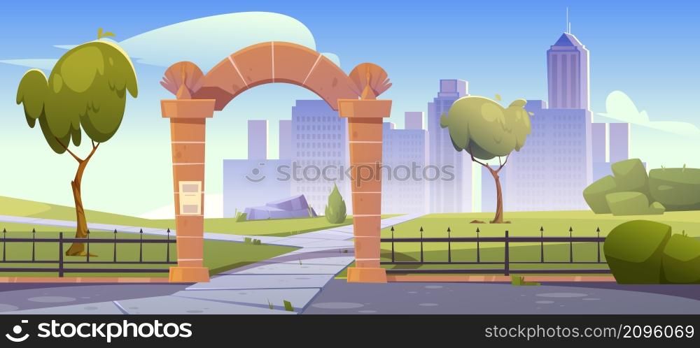 Summer landscape with stone arch entrance to public park, metal fence and city buildings on skyline. Vector cartoon illustration of town garden with archway portal, skyscrapers, green grass and trees. Landscape with stone arch entrance to city park