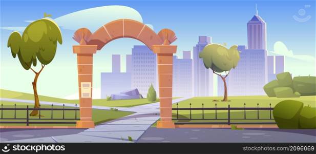 Summer landscape with stone arch entrance to public park, metal fence and city buildings on skyline. Vector cartoon illustration of town garden with archway portal, skyscrapers, green grass and trees. Landscape with stone arch entrance to city park
