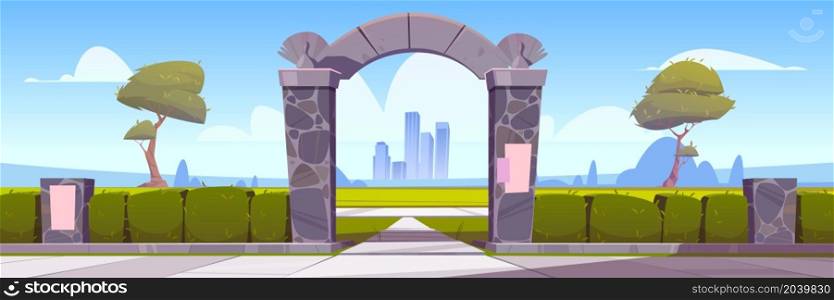 Summer landscape with stone arch entrance to public park or garden, green hedge and city buildings on skyline. Vector cartoon illustration of fence with shrubs and archway portal. Summer landscape with stone arch entrance to park